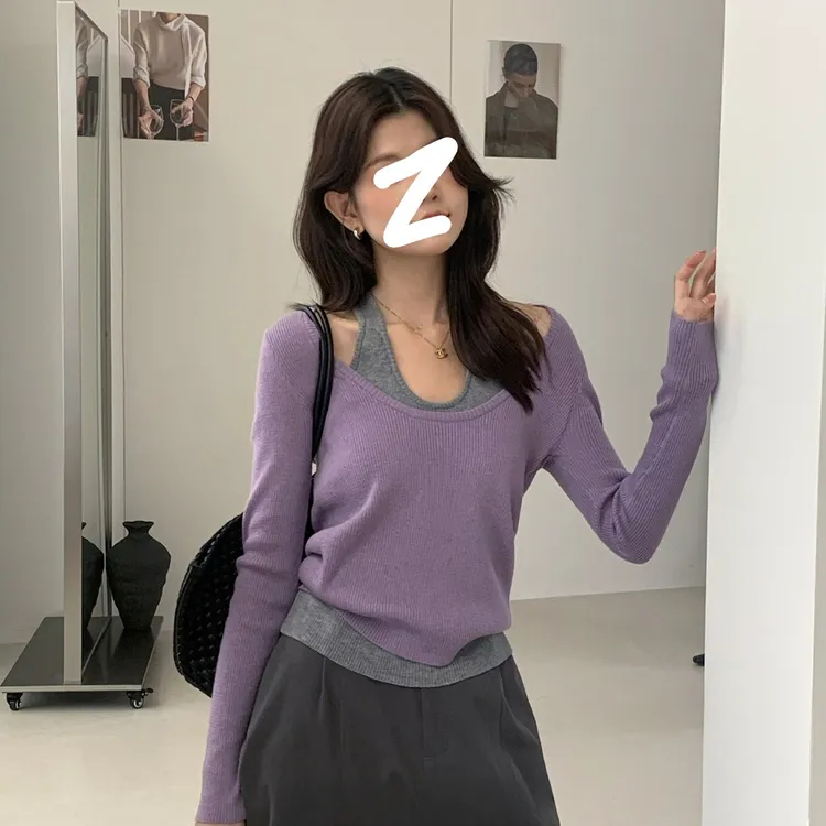 自留款秋季简约精致假两件挂脖设计针织衫
