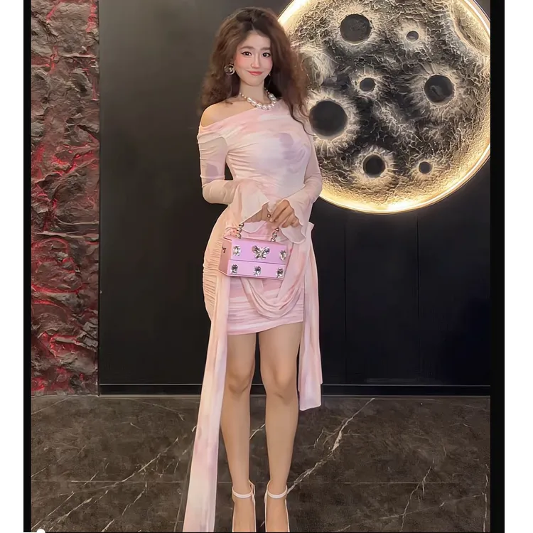 海边度假甜美蝴蝶印花一字肩透视不规则长袖法式连衣裙女装女