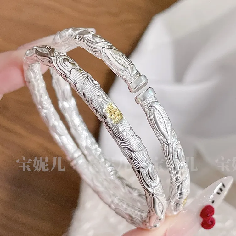 足银手镯 牡丹浮雕足银999.9纯银手镯女描金分色开口银镯子国风