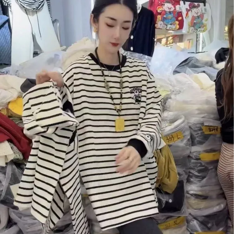 欧货2025春季新款卡通小狗图案条纹t恤女时尚洋气百搭上衣潮10269