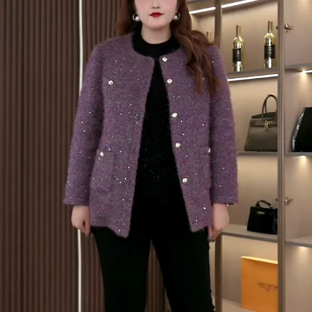 90白鸭绒大码女装冬款新款重工花纱紫金贵小香风羽绒外套25A0539