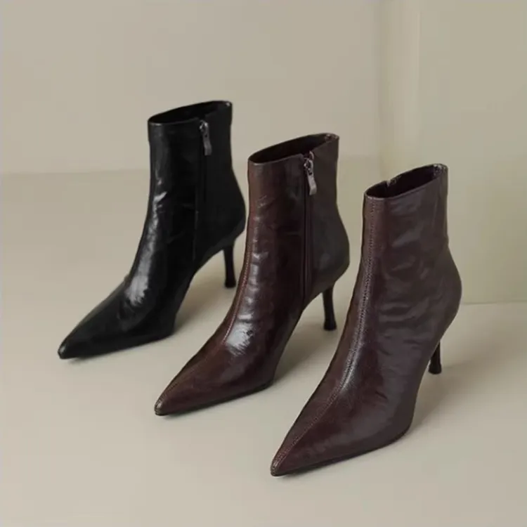 法式真皮断码清仓复古高跟短靴女2025春秋新款尖头细跟时尚瘦瘦靴