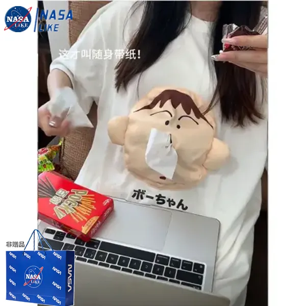 NASA阿呆公仔抽纸设计感纯棉短袖t恤夏季新款抽象搞怪亲子装衣服