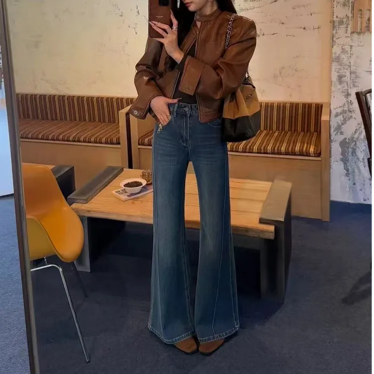 【加绒】新款喇叭裤立体装饰侧骨线设计感显瘦百搭时尚牛仔裤AM1033