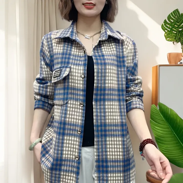 2025年早秋新款大码软毛呢格子中长款加厚衬衫女休闲百搭长袖外套