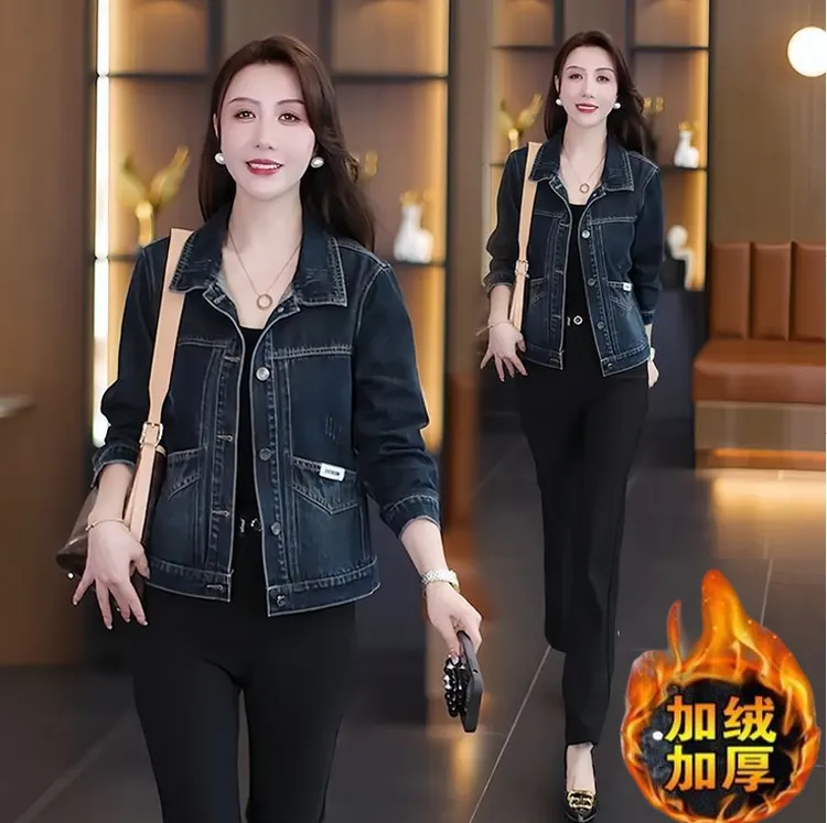 秋冬新款加绒加厚休闲牛仔女外套时尚百搭水洗牛仔洋气夹克上衣