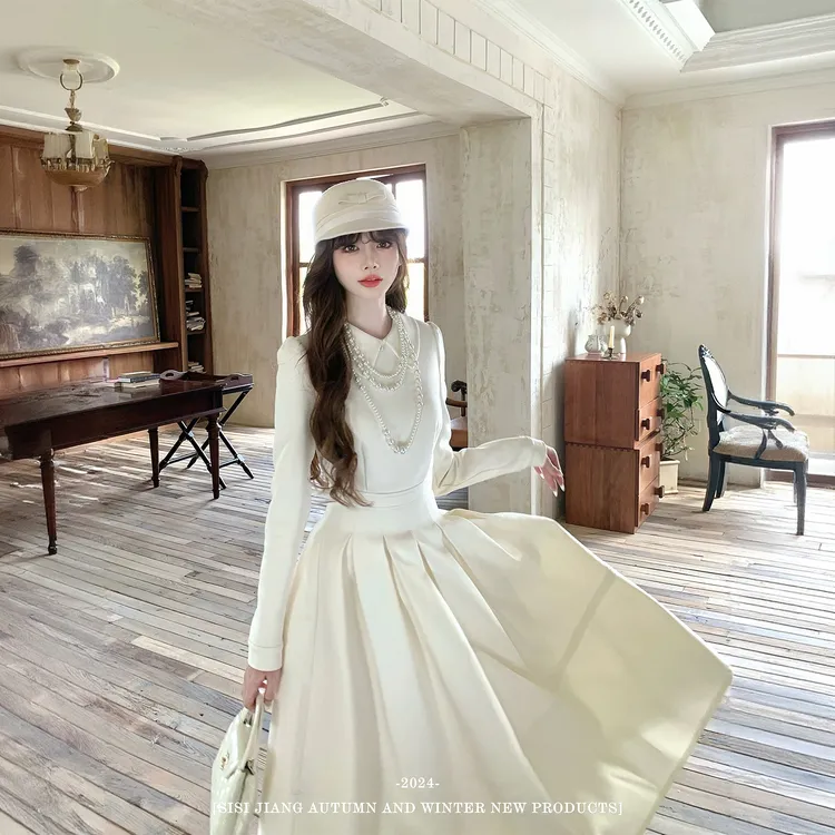 "奥斯丁白茶"学院风浪漫百褶廓形大裙摆修身收腰连衣裙