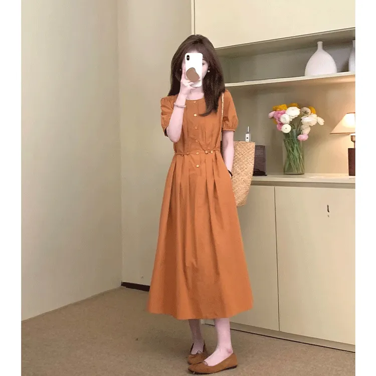 高级感法式橘色短袖连衣裙女夏季修身显瘦中长款休闲百搭气质裙子