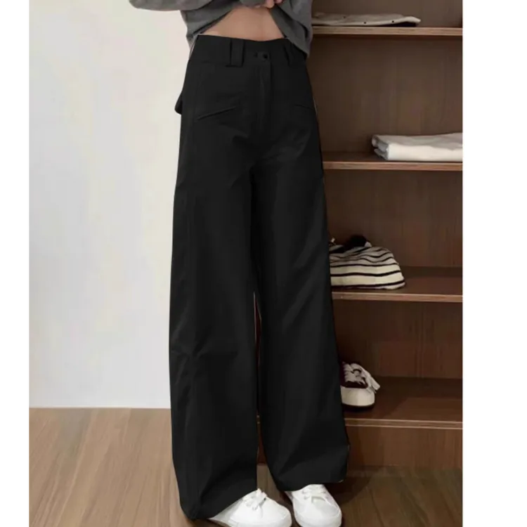 美式复古黑色阔腿西装裤女2025新款小个子直筒休闲裤显瘦宽松裤子