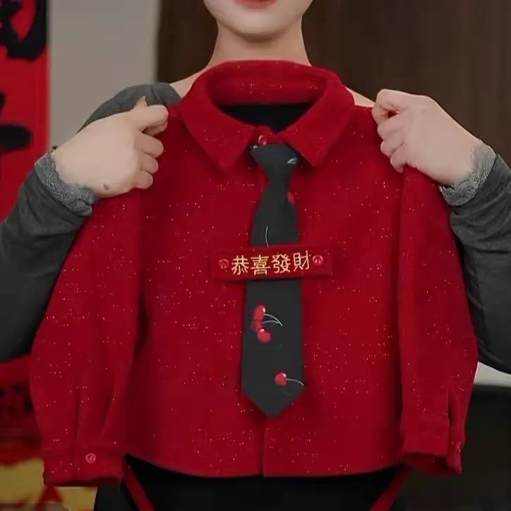 男童拜年服衬衫外套2025秋冬儿童加绒加厚上衣宝宝帅气新年中国风