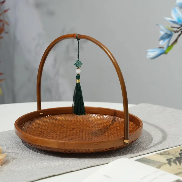 【与你】精品大漆提篮家用茶点盘子手工竹编圆形干果面包