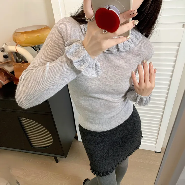 法式复古风气质荷叶木耳边针织衫女2025秋冬新款甜辣修身别致上衣