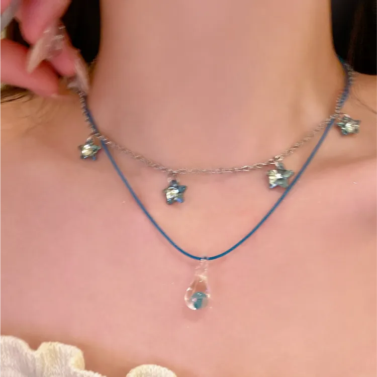 铜皮质项链 蓝色双层叠戴星星项链女choker高级感小众锁骨链颈链 