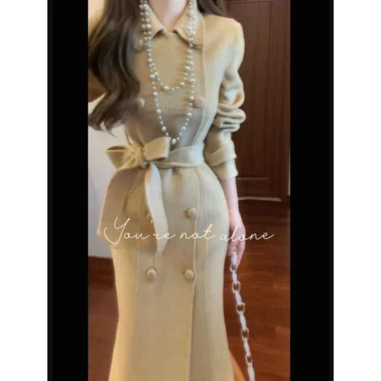 2025秋冬新款高智感千金英伦风翻领双排扣收腰鱼尾毛呢外套裙女