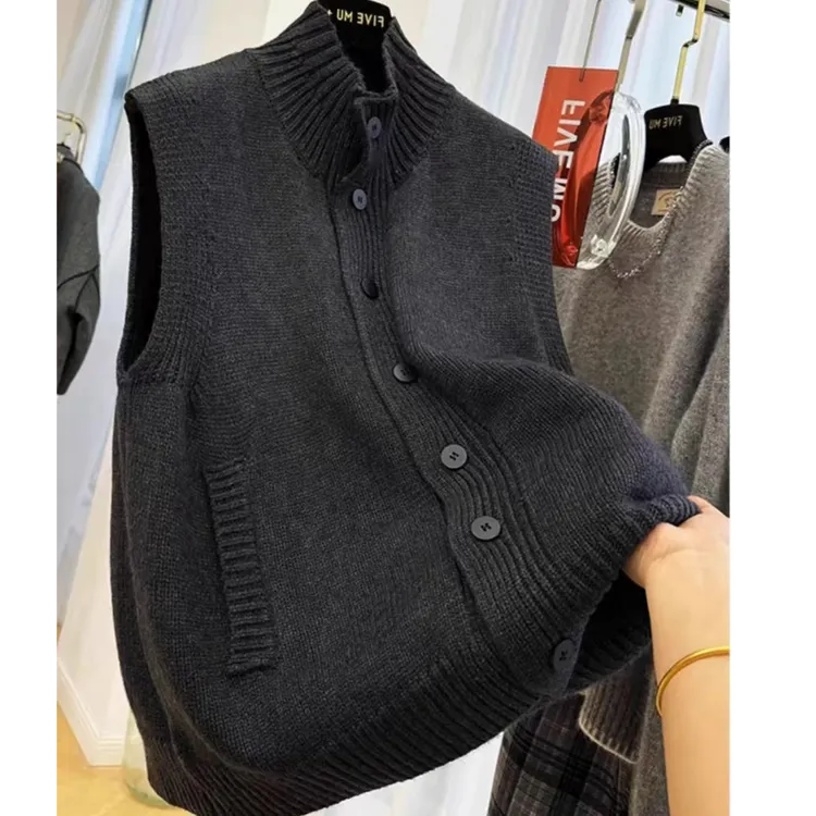秋冬新款时尚100%纯羊毛立领扣无袖开衫马甲带兜兜坎肩