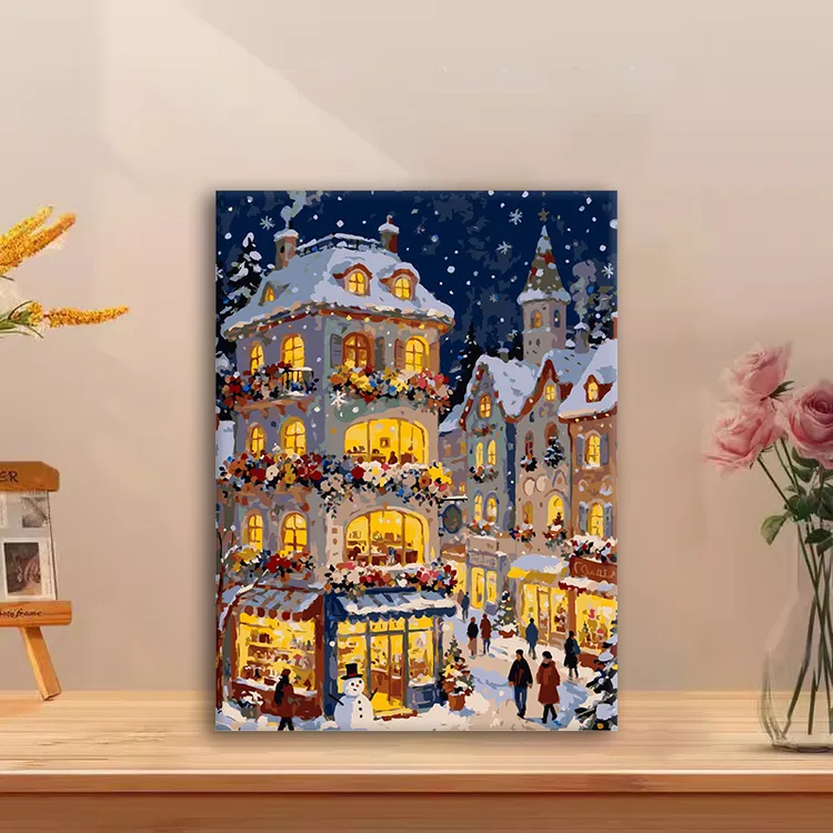 (下雪的圣诞街）diy数字油画手绘填色解压手工礼物丙烯客厅装饰画