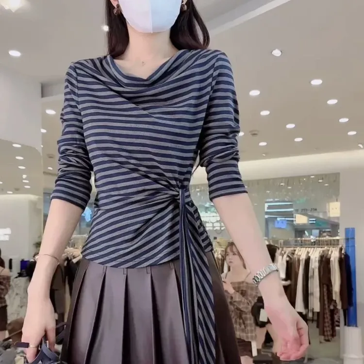 今年流行纯色长袖不规则T恤女秋季2025新款设计感收腰韩版ins上衣