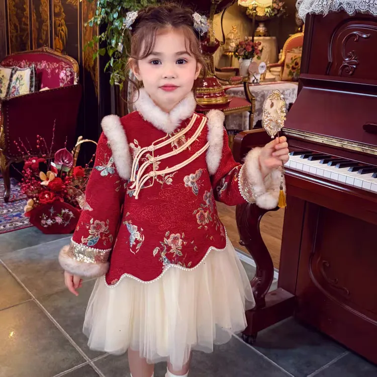 女童旗袍裙冬装2025新款儿童国风新中式提花加绒网纱公主裙连衣裙