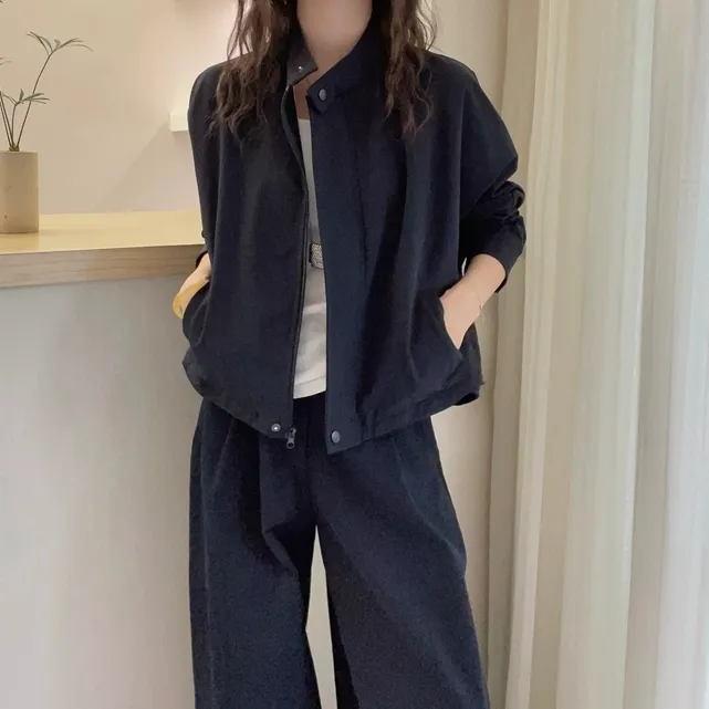 韩系慵懒风休闲立领外套女2025新款宽松拉链短款小个子夹克上衣