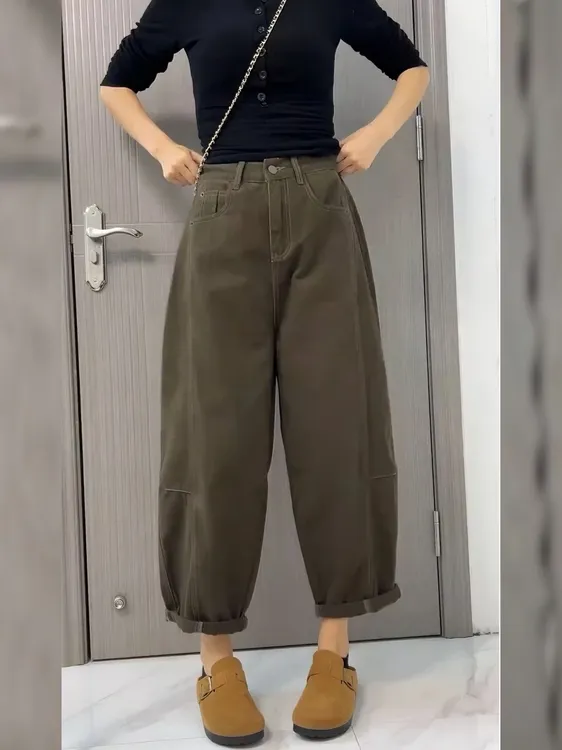 2025显瘦阔腿裤半松紧腰女牛仔裤子梨形身材大码百搭萝卜裤新款