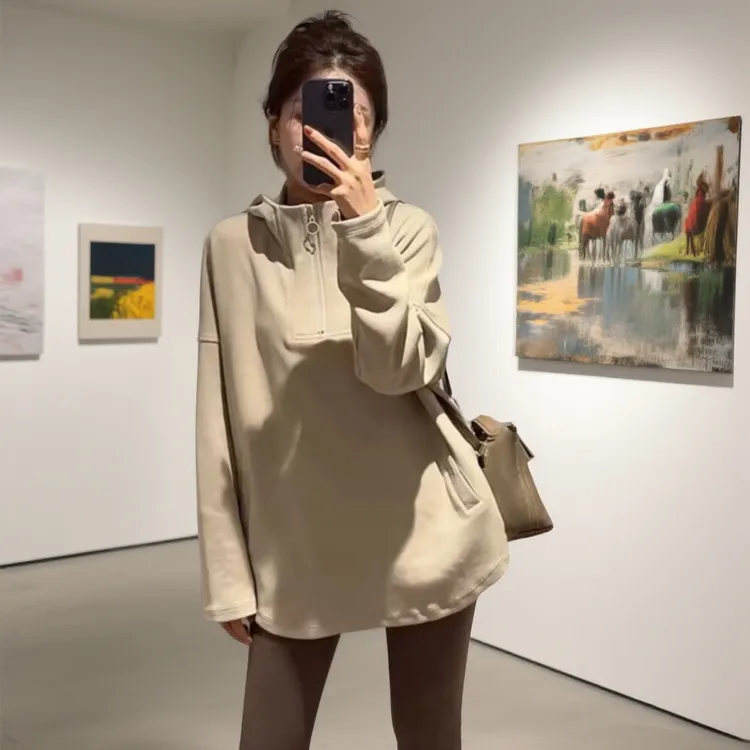VALVOELITE女秋冬宽松中长款长袖上衣时尚立领显瘦气质连帽卫衣