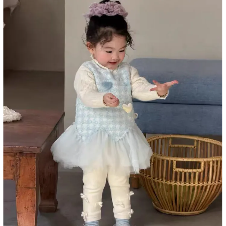 女童韩系小香风拼接网纱背心裙冬加棉女童洋气周岁公主裙新年礼服