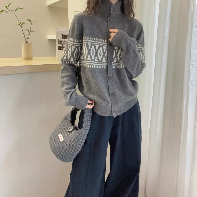 半高领费尔岛毛衣打底针织开衫外套女冬季加厚保暖小立领内搭上衣