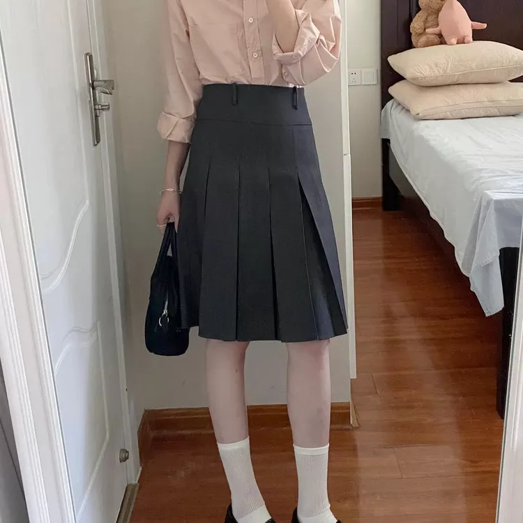 大码早秋显瘦高腰学院风半身裙过膝遮胯A字中长裙百搭简约百褶裙