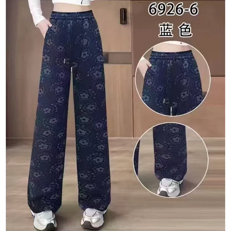 休闲裤外穿2025新款秋季大码复古高腰印花显瘦宽松阔腿裤