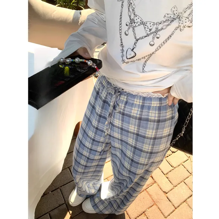 蓝色格子阔腿裤女夏季2025新款垂感蕾丝拼接抽绳高腰直筒休闲裤子