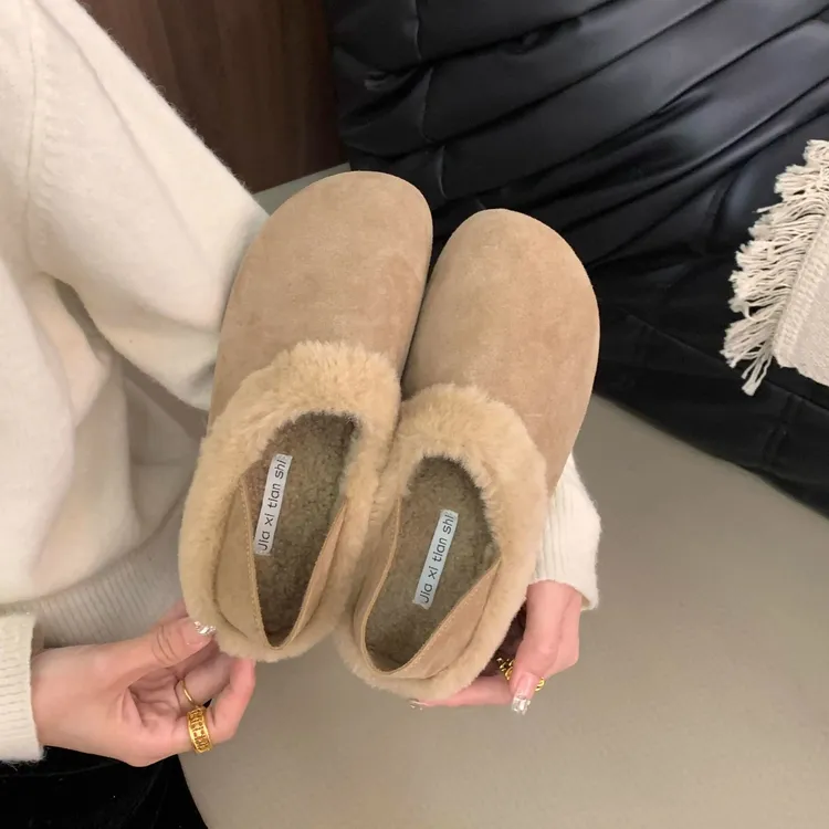 勃肯鞋女2025新款秋冬加绒复古毛毛半拖女丑萌懒人一脚蹬两穿棉鞋