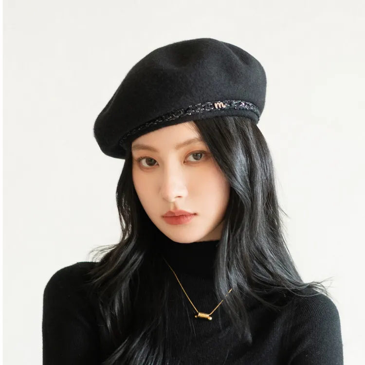 疯帽子 轻奢小香风贝雷帽女纯羊毛帽子显脸小画家帽黑色 25年秋新