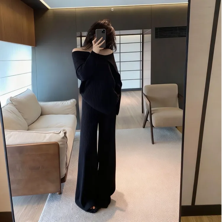 一字肩宽松慵懒长袖毛衣针织衫女秋冬休闲直筒高腰阔腿裤子两件套