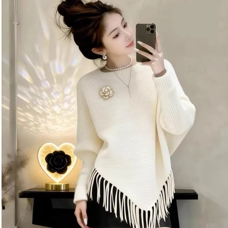 慵懒风不规则流苏针织衫女冬季新款设计感宽松气质百搭毛衣上衣潮