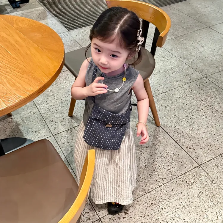 小思家2025夏季新款女宝套装韩版百搭宽松纯色背心条纹阔腿休闲裤