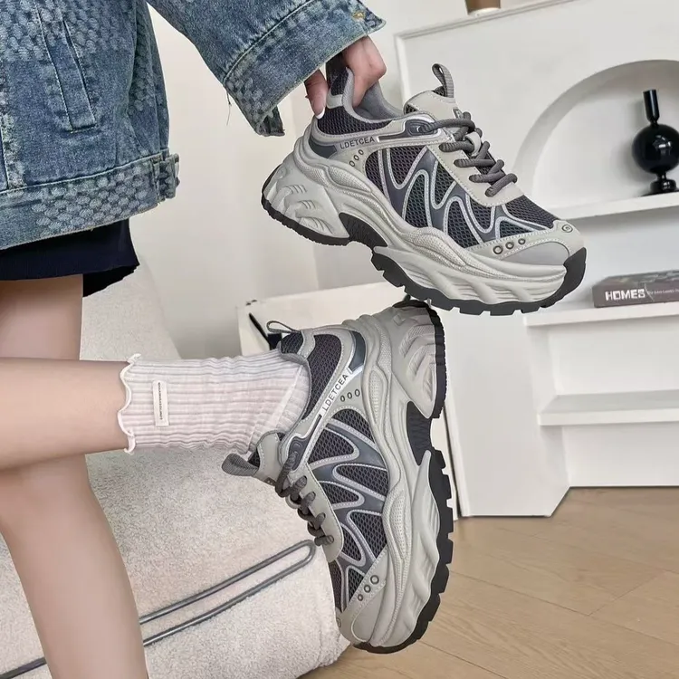 真皮厚底老爹鞋女款2025秋季新款巨好看网面透气增高休闲运动鞋子