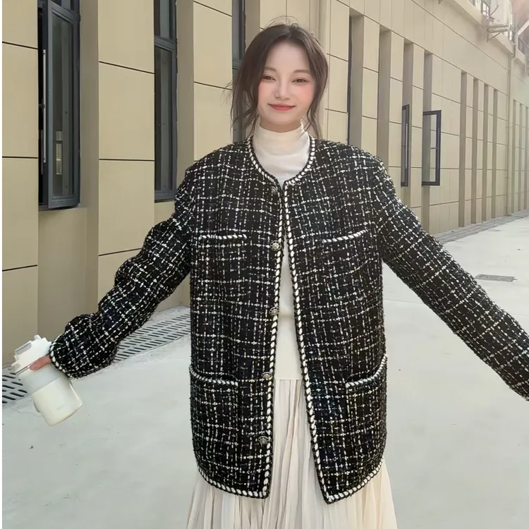 许我耀眼许妍同款小香风外套高级感黑色亮片羊毛粗花呢上衣秋冬季