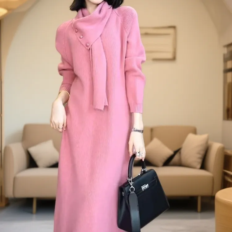 轻奢时髦围脖毛衣针织连衣裙新款裙子女秋冬气质打底内搭加厚长裙