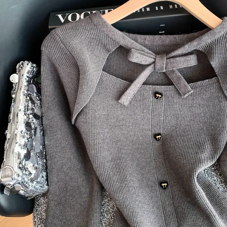 拉夏贝尔高级感小香风假两件针织衫女秋冬季新款设计感蝴蝶结上衣