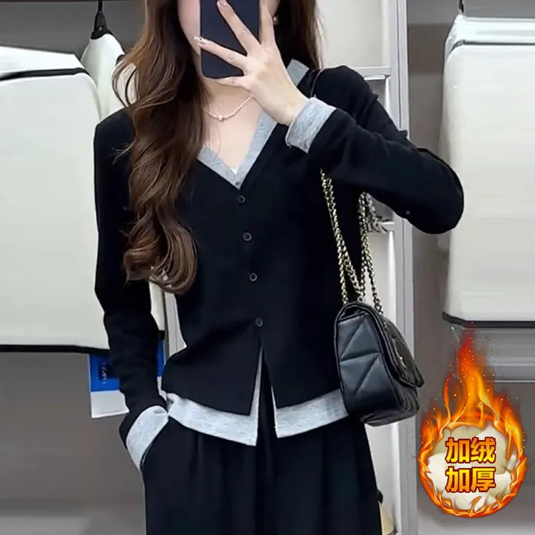 加绒加厚假两件长袖针织衫女2025秋冬新款修身显瘦保暖打底衫上衣
