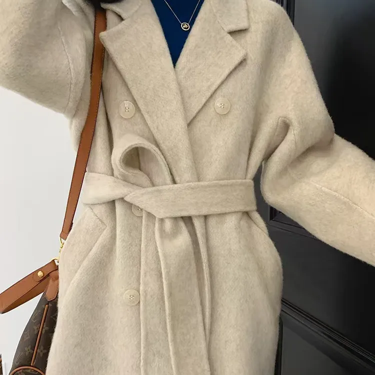 双面羊毛绒气质时尚女士羊绒宽松毛呢中长加厚保暖腰带双排扣大衣