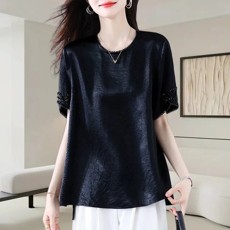 黑色缎面短袖t恤女2025夏季新款洋气减龄宽松大码肌理感提花上衣