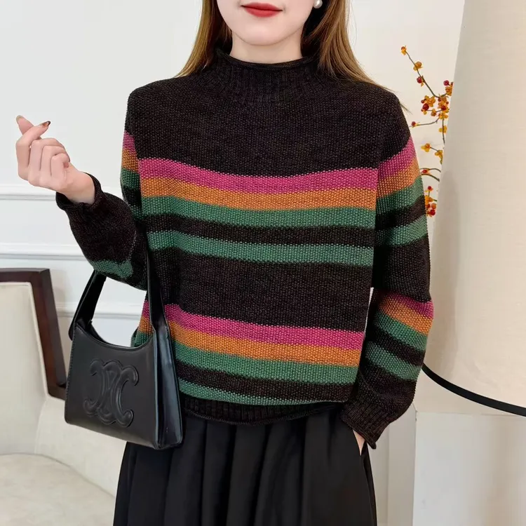 【品牌正品】休闲百搭复古新款撞色条纹棉线半高领套头针织秋冬毛衣