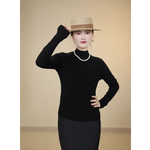 【黑天鹅】100%全精纺绵羊毛60支双股四平黄金中领女士修身打底衫