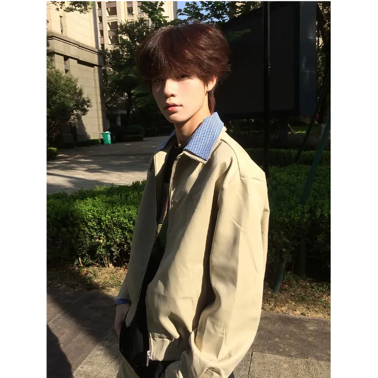 LIGGICC美式复古撞色格子拼接假两件外套男春季巴恩风夹克上衣潮