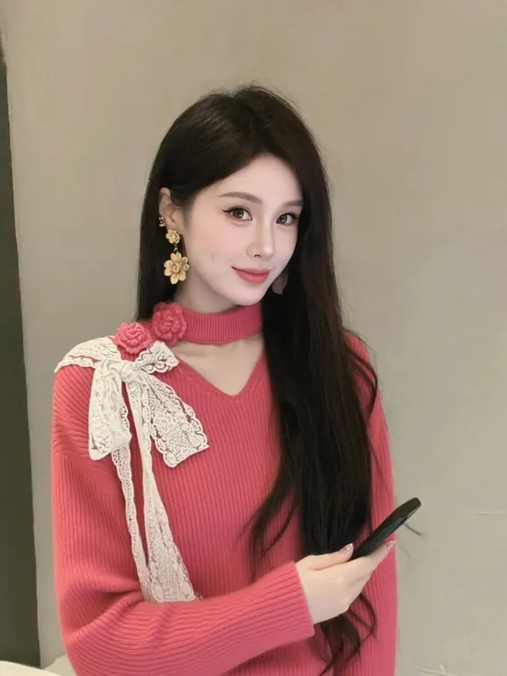 花朵蕾丝系带针织衫秋冬新款时尚设计感玫粉色毛衣小富婆气质衣服