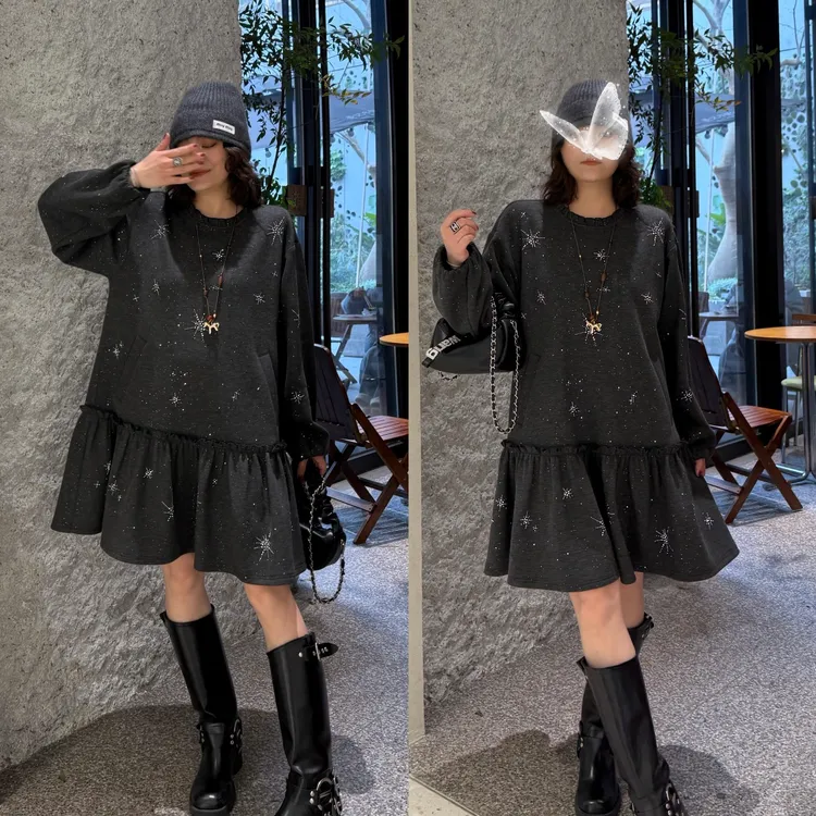 YDFSTUDIO小众【奥兰新贵】欧货重工高品烫钻拼接设计时尚连衣裙