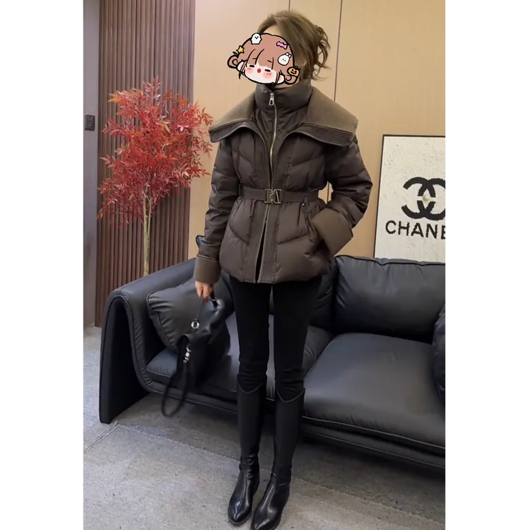 2025新款冬季韩版翻领厚款女装保暖显瘦腰带修身短款上衣