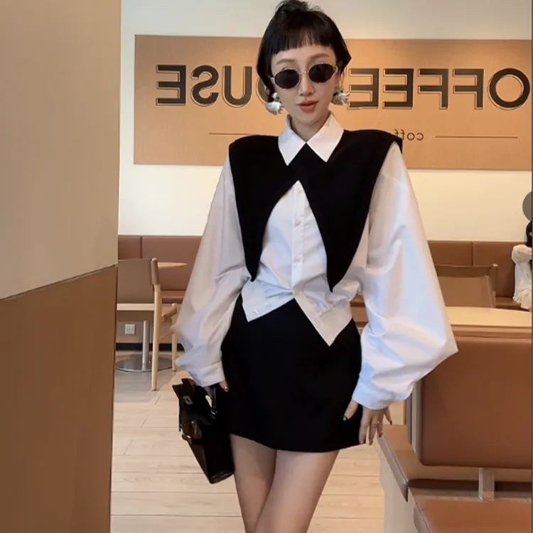 XIAOBAI 法式POLO领羊腿袖衬衣秋季极简风小众设计感衬衫两件套女