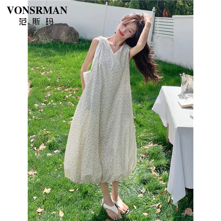 法式减龄碎花无袖连衣裙女夏季2025新款气质宽松遮肚显瘦花苞长裙